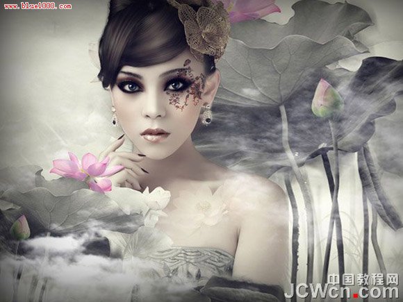 Photoshop合成教程：荷花仙子水墨效果 全福编程网