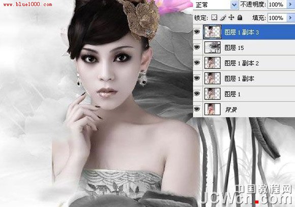 Photoshop合成古典荷花美女水墨画