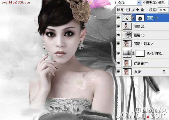 Photoshop合成古典荷花美女水墨画