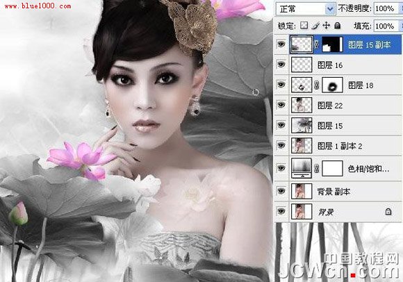 Photoshop合成古典荷花美女水墨画