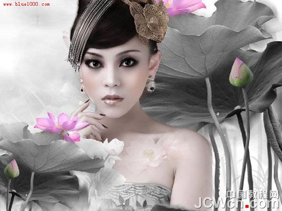 Photoshop合成古典荷花美女水墨画