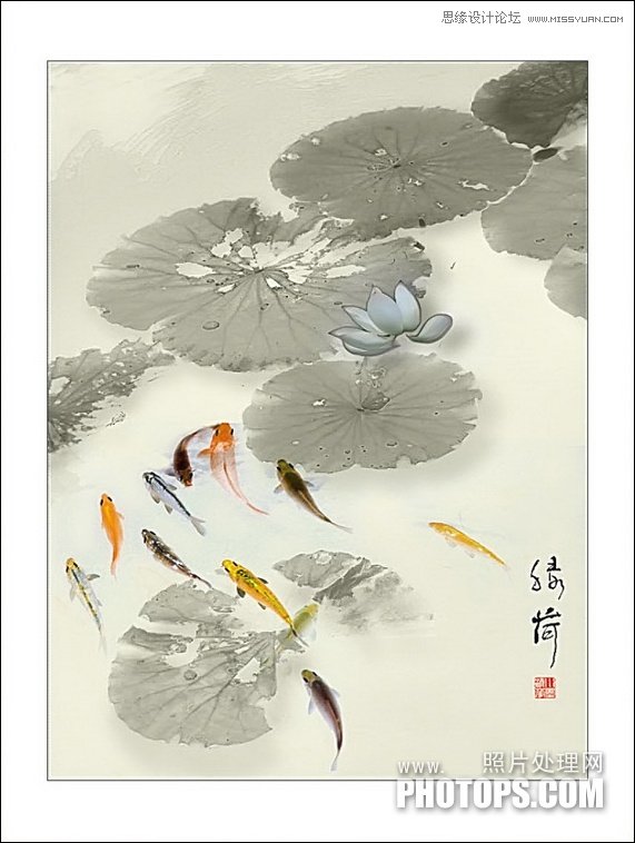 Photoshop用荷花素材设计中国风水墨封面 全福编程网