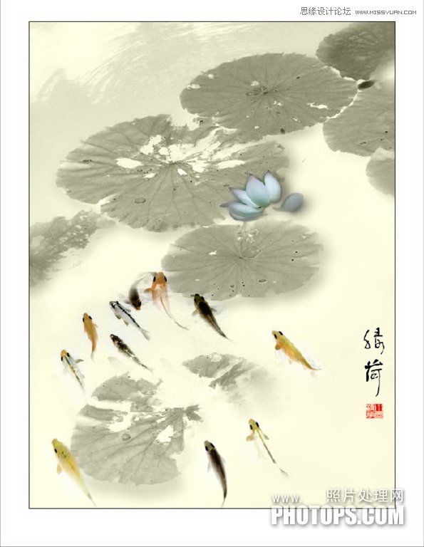 Photoshop使用废弃的荷花图制作戏鱼图封面,52photoshop教程
