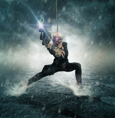photoshop合成在雨夜中在水中战斗的光电女枪手 全福编程网