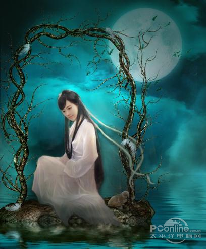 Photoshop合成月夜镜湖美女图 全福编程网
