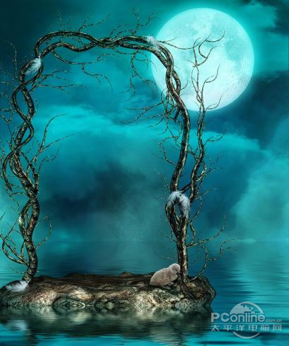 PS教程：Photoshop合成月夜镜湖美女图