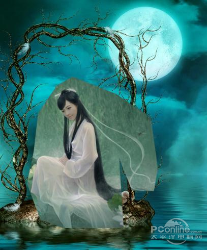 PS教程：Photoshop合成月夜镜湖美女图