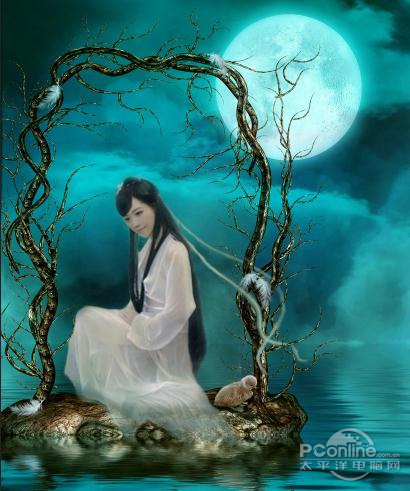 PS教程：Photoshop合成月夜镜湖美女图