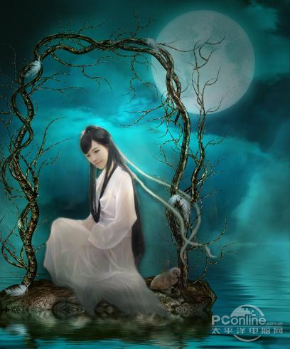 PS教程：Photoshop合成月夜镜湖美女图