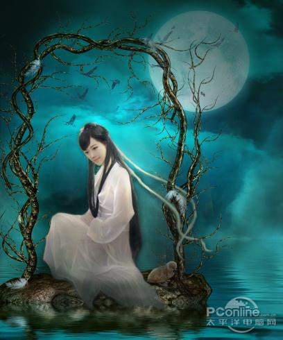 PS教程：Photoshop合成月夜镜湖美女图