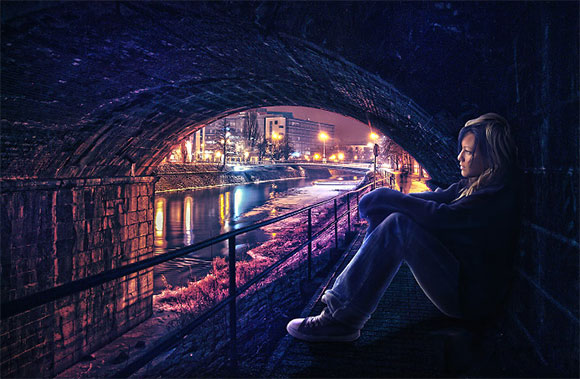 Photoshop中合成非常唯美的女孩与桥夜景图 全福编程网