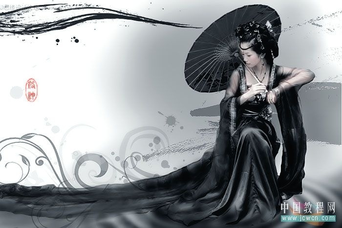 Photoshop CS3将古装MM打造成水墨效果 全福编程网