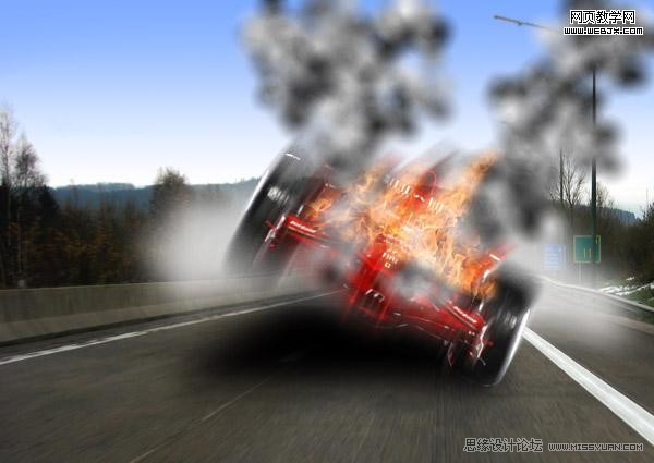 PS合成一辆着火且冒烟雾的F1赛车    全福编程网