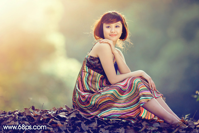 Photoshop给秋季山坡上的美女加上流行的黄蓝色 全福编程网