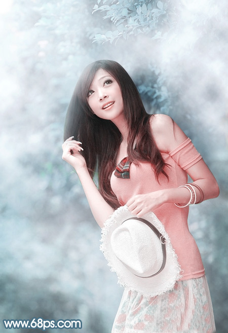 Photoshop打造唯美的淡蓝色树林美女图片 全福编程网