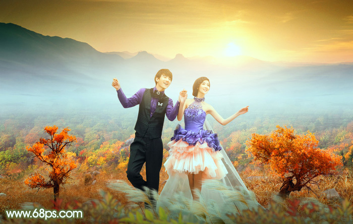Photoshop合成浪漫唯美的秋季婚片 全福编程网