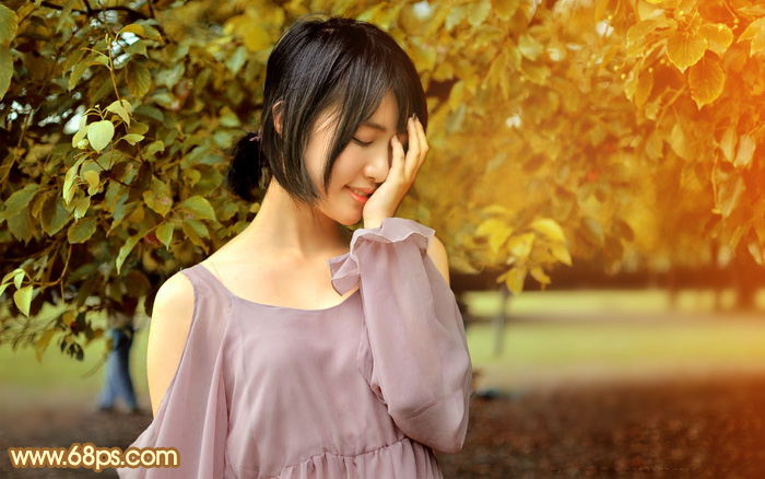 Photoshop给绿树中的美女加上晨曦阳光色 全福编程网