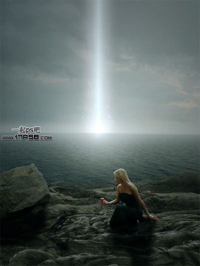 PS合成蹲在海边的美女魔幻光束黑暗场景效果教程 全福编程网