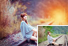 Photoshop给铁轨上的美女加上甜美的晨曦暖色 全福编程网