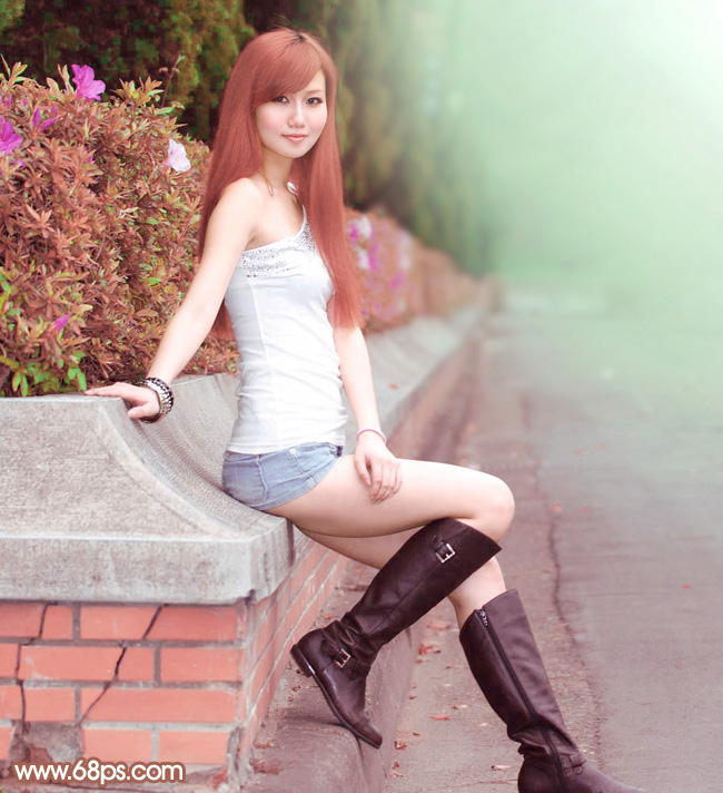 Photoshop给花边的美女加上甜美的粉调红褐色 全福编程网