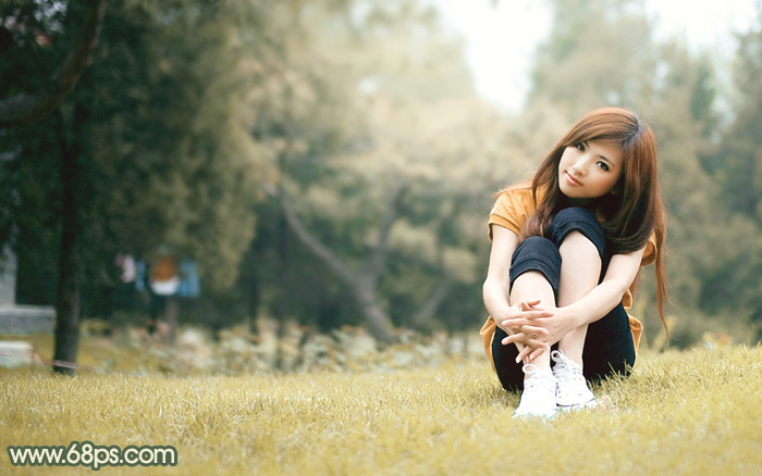 Photoshop打造漂亮的淡黄色草地美女图片 全福编程网