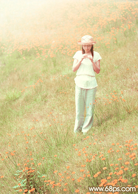 Photoshop给野花中的美女加上甜美的韩系粉红色 全福编程网