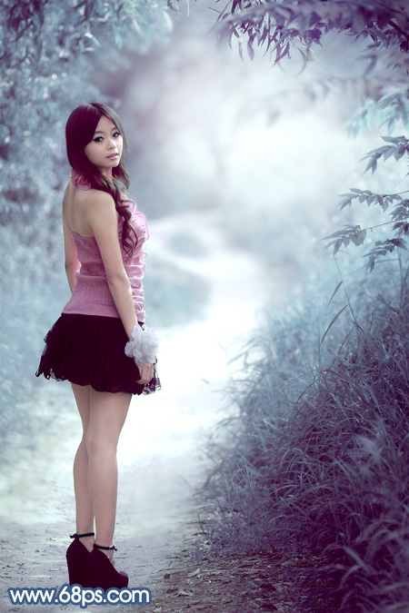 Photoshop打造梦幻的青蓝色春季树景美女图片 全福编程网