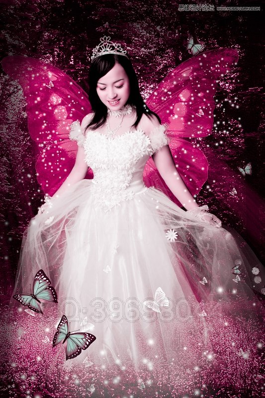 Photoshop给婚纱照片合成梦幻的蝴蝶仙子效果 全福编程网