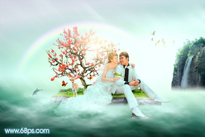 Photoshop打造唯美的彩虹岛浪漫婚片技巧 全福编程网教程