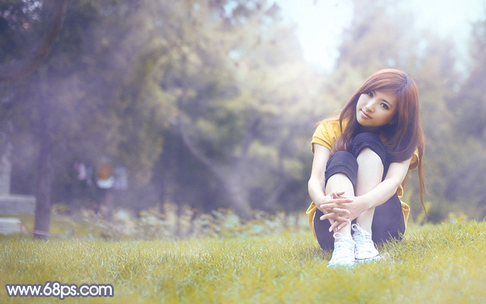 Photoshop给草地上的美女加上清爽甜美的黄蓝色 全福编程网