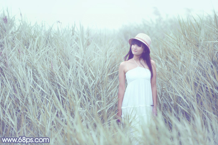 Photoshop打造唯美的粉调青蓝色外景美女图片 全福编程网
