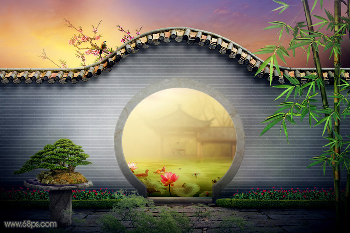 Photoshop合成唯美的江南古典园林美景 全福编程网