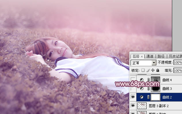 Photoshop调出梦幻的粉红色草地上的人物图片
