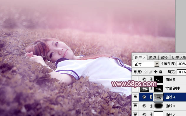 Photoshop调出梦幻的粉红色草地上的人物图片
