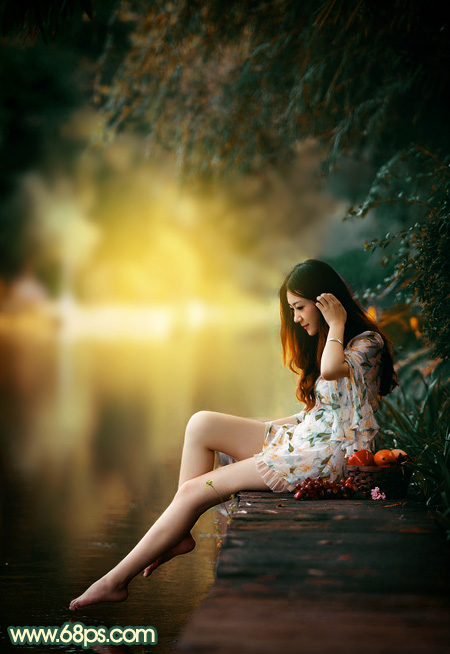 Photoshop给水塘边的美女加上暗调黄青色 全福编程网