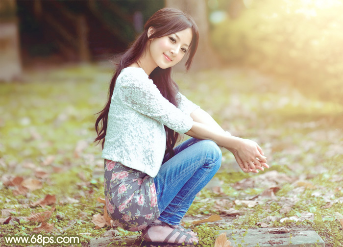 Photoshop给草地上的美女加上柔美的中性黄绿色 全福编程网