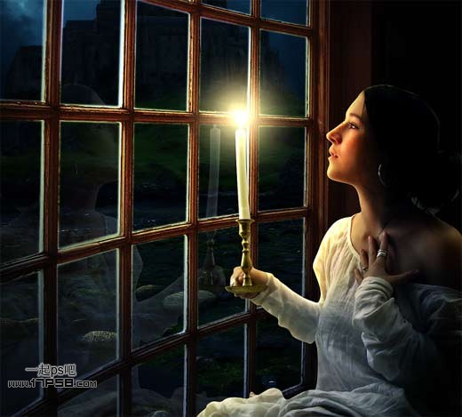 Photoshop合成在窗户边上美女夜景 全福编程网