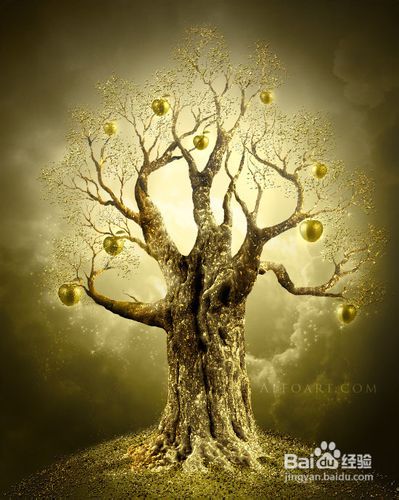 PS合成结满金苹果的梦幻古树