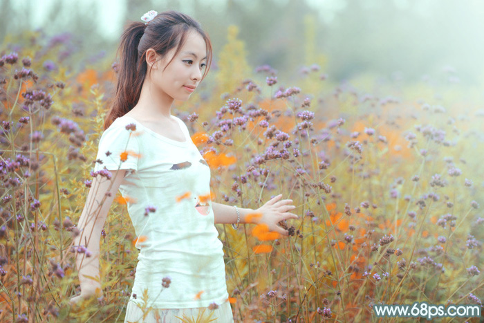 Photoshop给花中的美女加上甜美的秋季淡黄色 全福编程网