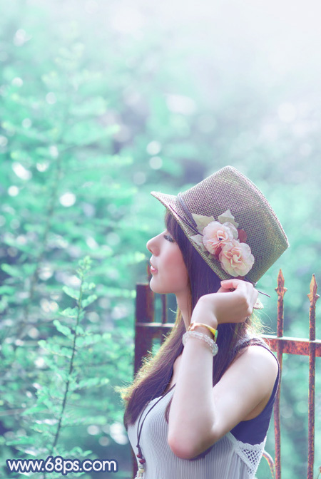 Photoshop打造唯美的淡调青绿色树景美女图片 全福编程网